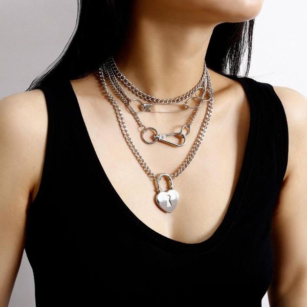 

2020 multi layer lover lock pendant choker necklace steampunk padlock heart chain necklace collier couple jewelry gift, Silver