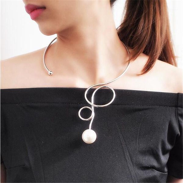 

fashion simulated pearl alloy torque choker necklaces alloy big collar necklace for women jewelry accessories1, Golden;silver