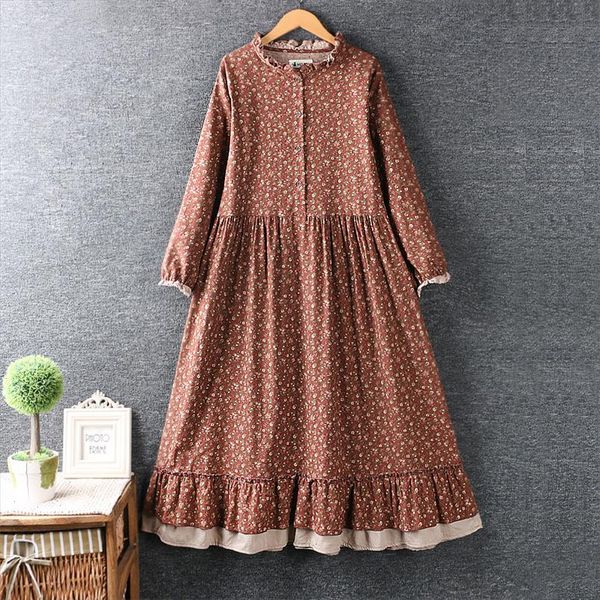 

mori girl 2021 new summer artistic hipster ruffled floral dress cotton and linen loose dress female 7376, Black;gray
