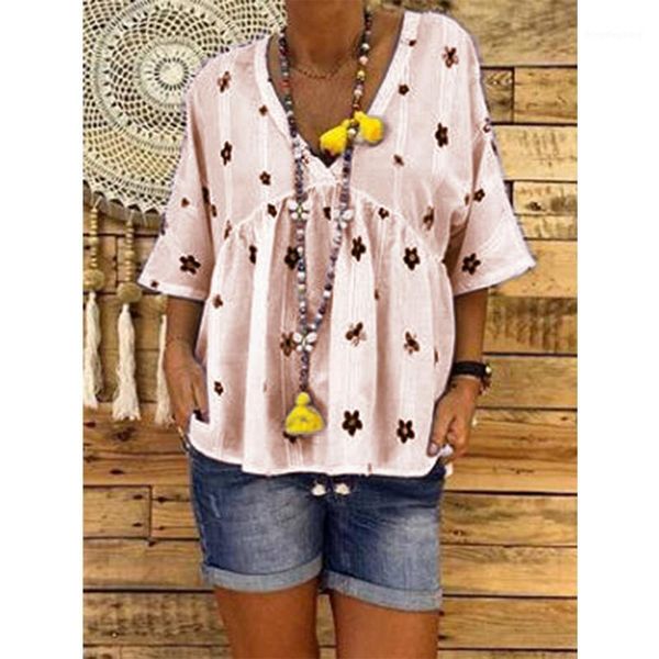

ladies floral print short sleeve blouses plus size womens summer blouses casual v-neck loose tunic s-3xl female blouse blusa1, White
