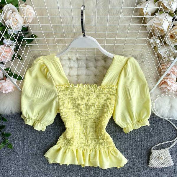 

2020 new style blouses women elegant square collar chiffon shirt short sleeve slim ruffled korean fashion clothing1, White