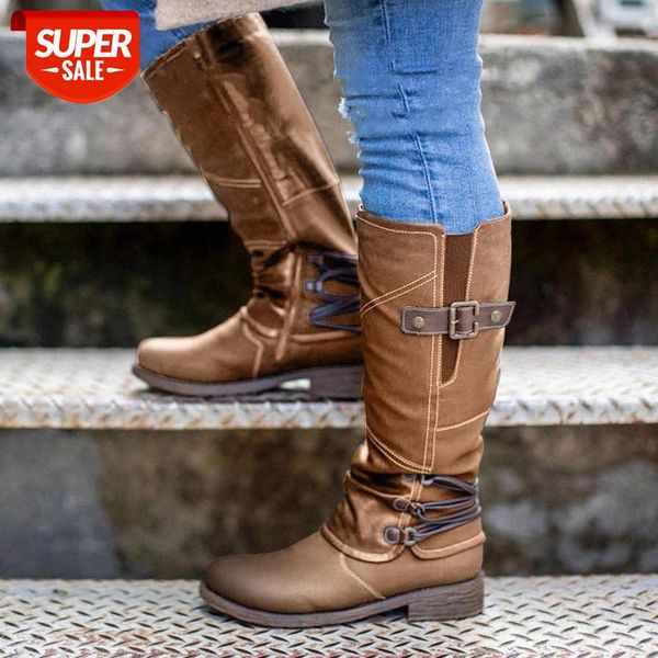 

lucyever 2020 new belt buckle vintage boots women casual square heels mid calf boots woman cross strap plus size shoes female #wp3o, Black