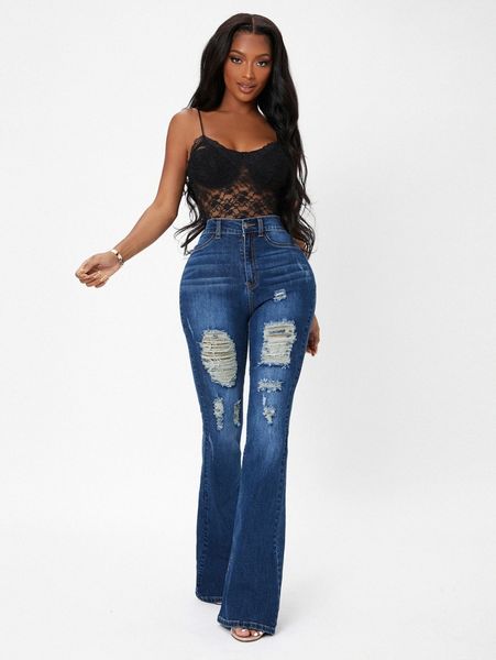 

sxy high waist ripped bootcut jeans 267p#, Blue