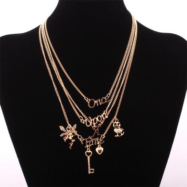 

owl key necklace angel multi-layer english letters short clavicle chain european and american fashion necklace, Silver