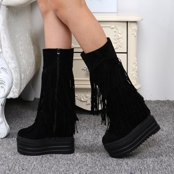 

boots autumn and winter fringed inside thickening 14 cm ultra high heel women's in the tube muffin bottom female snow boot, Black