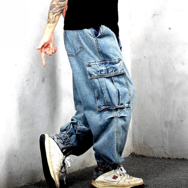 

new men's loose hip hop jeans multi pockets skateboard cargo jeans for men haroun denim joggers1, Blue