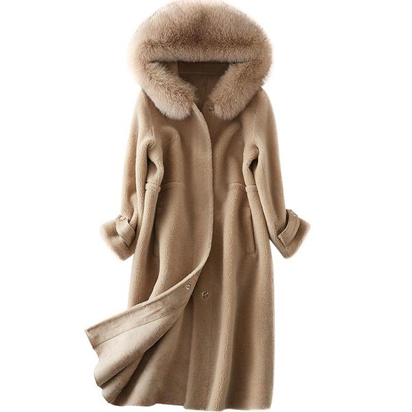 

collar sheep shearing real fur autumn winter jacket clothes 2020 long coat hooded women zt226, Black