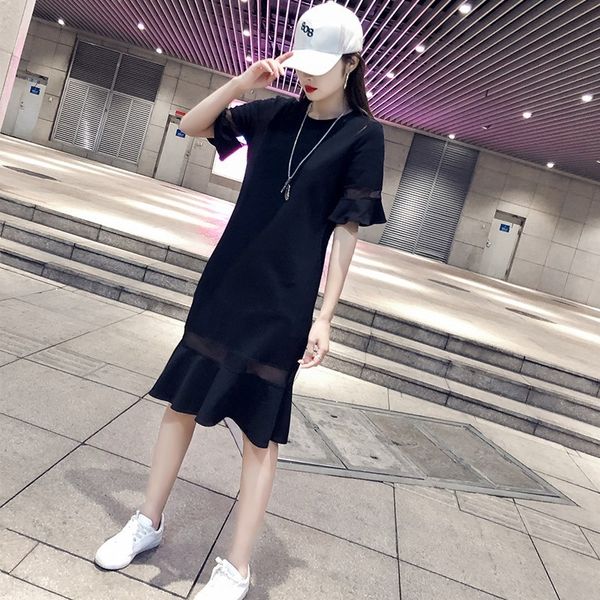 

summer new 2020 korean style mid-length short dress dressskirt dresssleeve black dress loose slimming aline ruffled skirt d9mbz, Black;gray