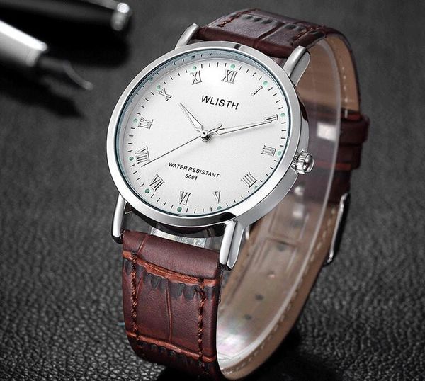 

wlisth men white leather simple belt korean version luminous leisure waterproof quartz, Slivery;brown
