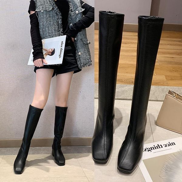 

women's leather boots boots-women zipper shoes booties woman 2020 high heels stiletto autumn rubber over-the-knee ladies med, Black