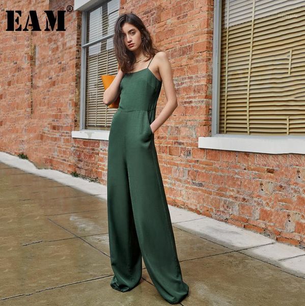 

eam] loose fit women green strapless slash neck long wide leg jumpsuit new high waist pants fashion spring summer 2020 1u7131, Black;white