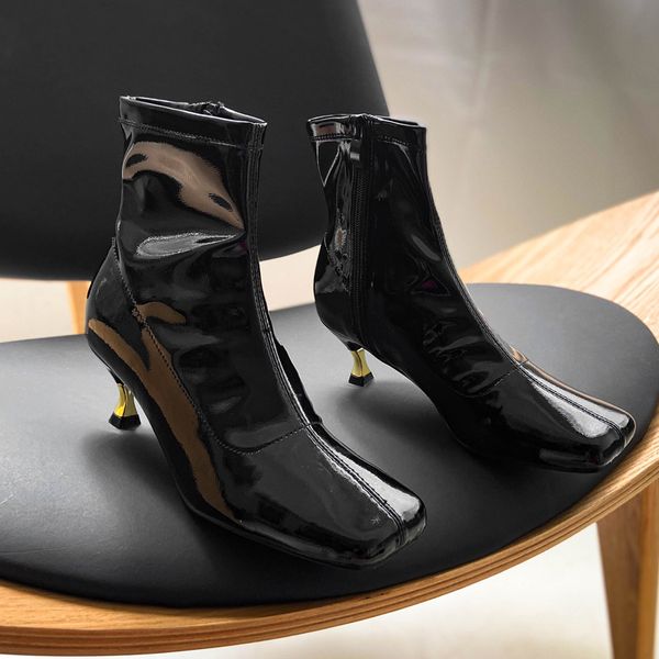 

boots deat 2021 spring autumn fashion casual square head thick high heel bright patent leather shoes women short sf328, Black