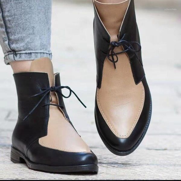 

boots fashion women color blocks pointed toe pu leather lace-up low heel spring winter ankle booties botas mujer1, Black