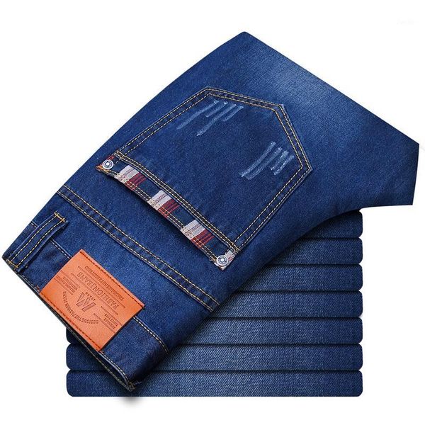 

2019 summer new mens jeans washed straight stitching lattice stretch simple jeans plus size 28-38 casual male1, Blue