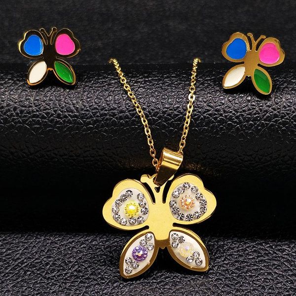 

2020 butterfly crystal stainless steel necklace earings set women gold color set jewelry conjunto collar y pendientes s178449, Silver