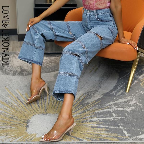 

love&lemonade cut out loose straight stitching design jeans lmdm007, Blue