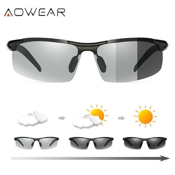 

sunglasses aowear pochromic polarized for men day night driving chameleon glasses aluminium rimless sun oculos gafas, White;black