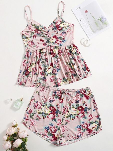 

plus ruched front floral peplum cami & shorts pj set h1b9#, Black;white