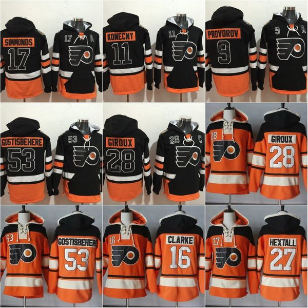 

men's philadelphia flyers hooded jerseys 28 claude giroud 11 travis konecny nolan patric shayne gostis jakub voracek clarke hextall jer, Black