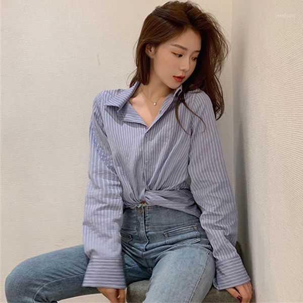 

women's shirt fashion long sleeve turn down collar striped blouse irregular short blouses1, White