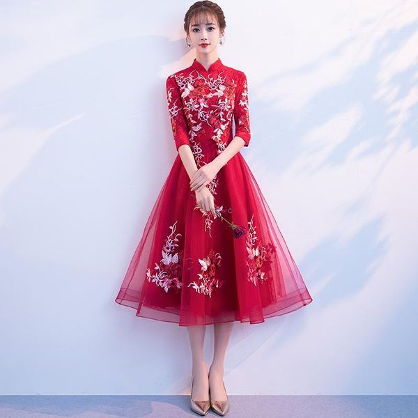 

chinese traditional wedding bride dress burgundy floral slim long toast suit elegant mandarin collar oriental cheongsam xs-2xl1, Red