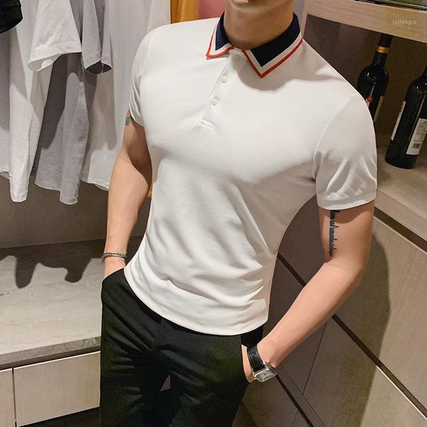 

british style shirt men summer short sleeve business casual slim formal polos striped lapel polos para hombre men clothing1, White;black