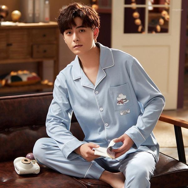 

2020 autumn winter long sleeve cotton pajama sets for men korean cute cartoon sleepwear suit pyjamas male homewear home clothes1, Black;brown