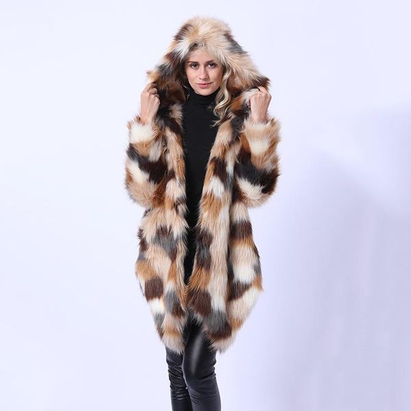 

women's fur & faux savabien asymmetrical colored furry hooded long coat 2021 winter women fake jacket parka vintage female coats1, Black
