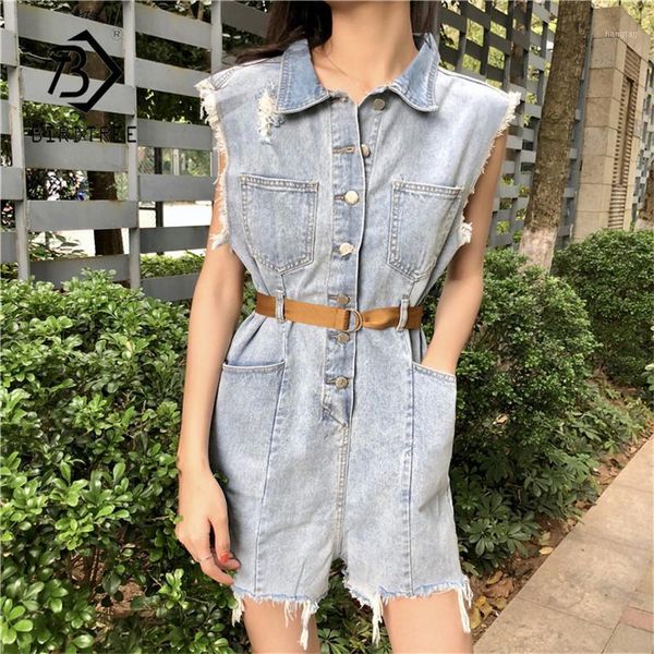 

summer casual playsuit women fashion button pockets turndown collar sleeveless high waist belt loose denim playsuits send belt1, Black;white