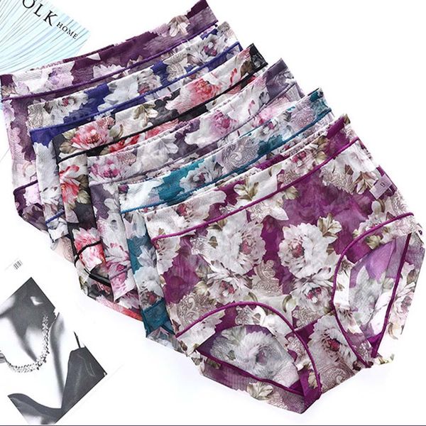 

women seamless flower print panties women comfortable breathable mesh panties hollow out middle waist panties, White;black