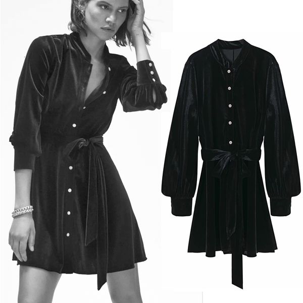 

2021 new autumn black veet mini women vintage french elegant long sleeve woman fashion tie belt ladies es ozk2, Black;gray