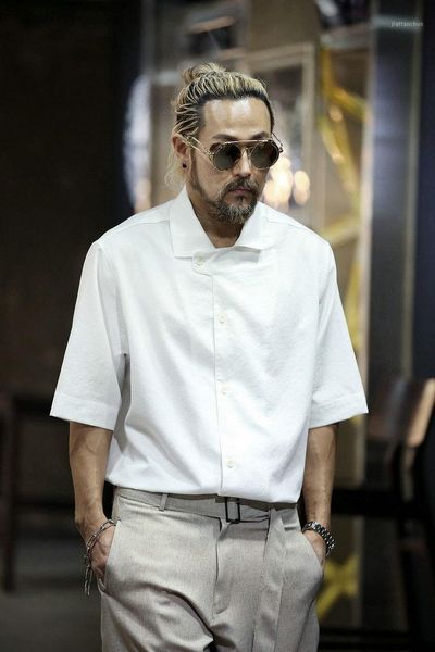 

men's new solid color loose fashion short sleeve shirt shirt spring and summer personality bar dj host hair stylist1, White;black