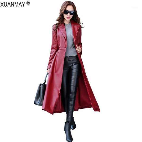 

autumn pu artificial leather ladies windbreaker coat 2018 fashion over the knee long style women's artificial leather coat1, Black