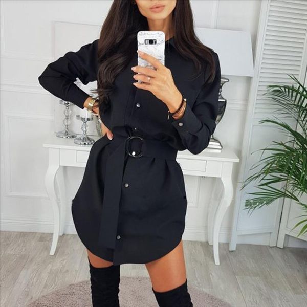 

new womens black shirt dresses with belt long sleeve button lapel long blouse autumn causal office lady work spring d30, White