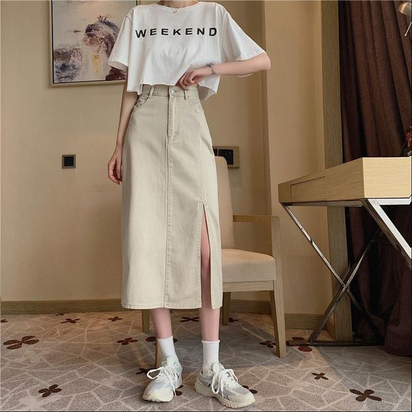 

apricot long denim skirts women high waist split straight skirt vintage button summer pencil skirts plus size pockets x259, Black