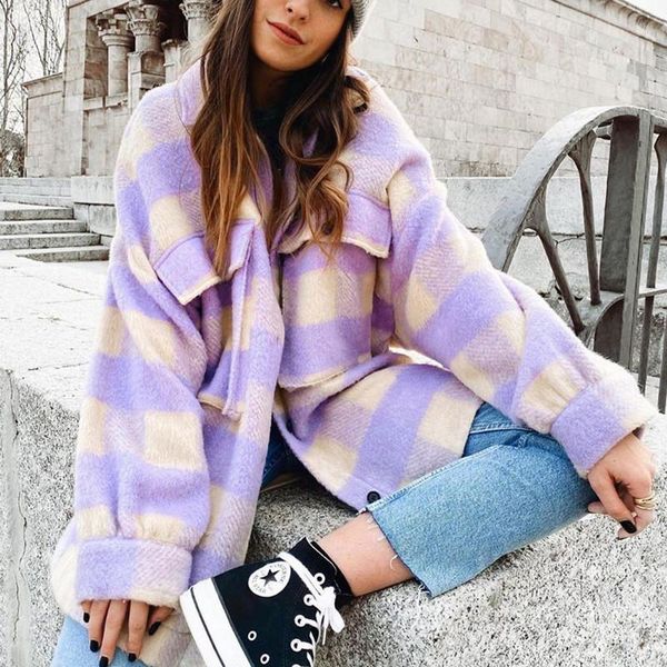 

women 2021 fashion overshirts oversized checked woolen jacket coat vintage pocket asymmetric female retro outerwear chic, Black