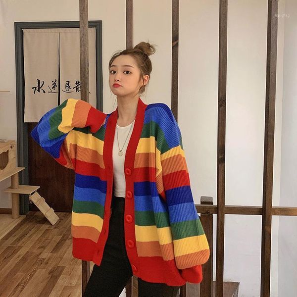 

autumn v-neck loose cardigan casual women jacket long-sleeved knit sweater korean ins harajuku sweet rainbow stripes1, White