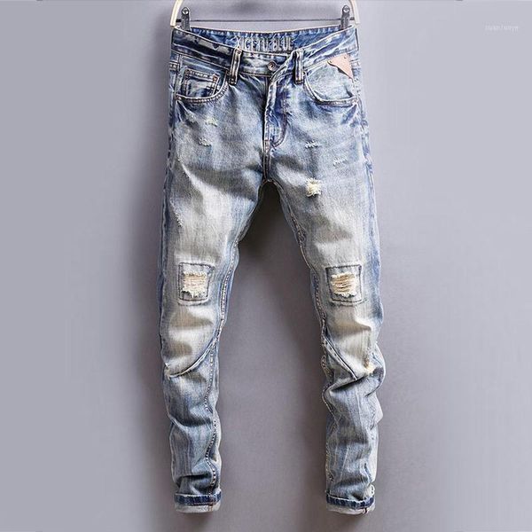 

italian style fashion men jeans vintage designer slim ripped jeans men streetwear hip hop biker pants hombre1, Blue