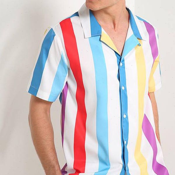 

hawaiian shirt men short sleeve striped button down shirt harajuku streetwear mens dress shirts comfort camisas hombre, White;black