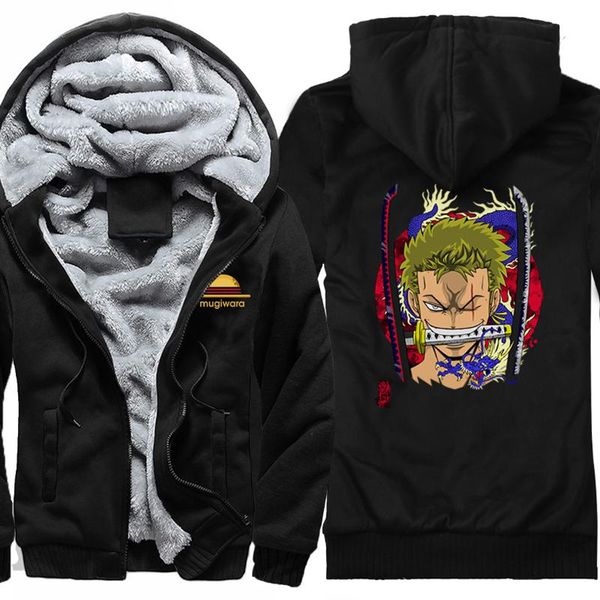 

roronoa zoro wool liner hooded hoodies men harajuku 2020 zipper tracksuits long sleeve winter jacket one piece moletom masculino, Black