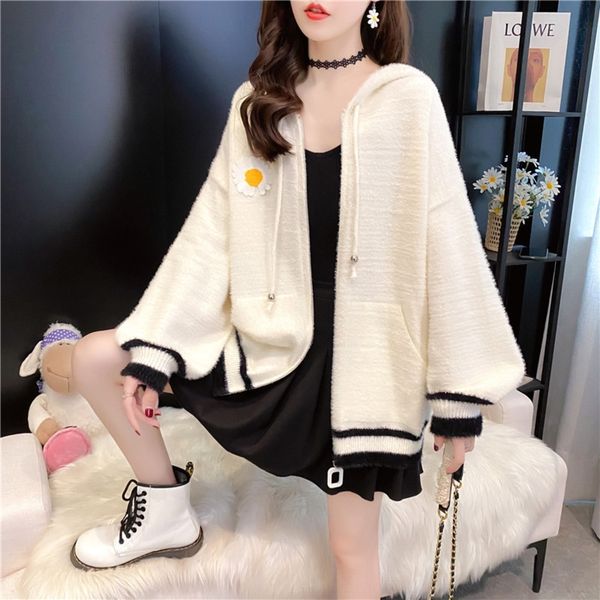 

d3045 outdoor outdoor aisle hooded new style daisy 21 knitted cardigan 56 170005 170005 aisle 21 new style 56 hooded zipper knitted cardigan, White;black