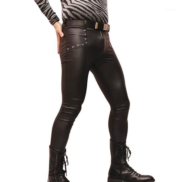 

men's pants men latex faux leather skinny tight matte shiny fashion pencil punk hollow legging gay wear f1151, Black