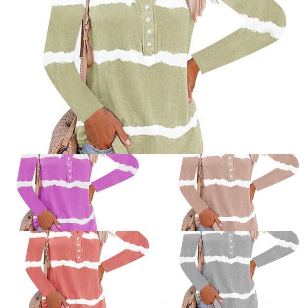 

2020 autumn new women's button t-shirt buttons tie-dyed printed button long sleeve t-shirt for women bz7dw, White