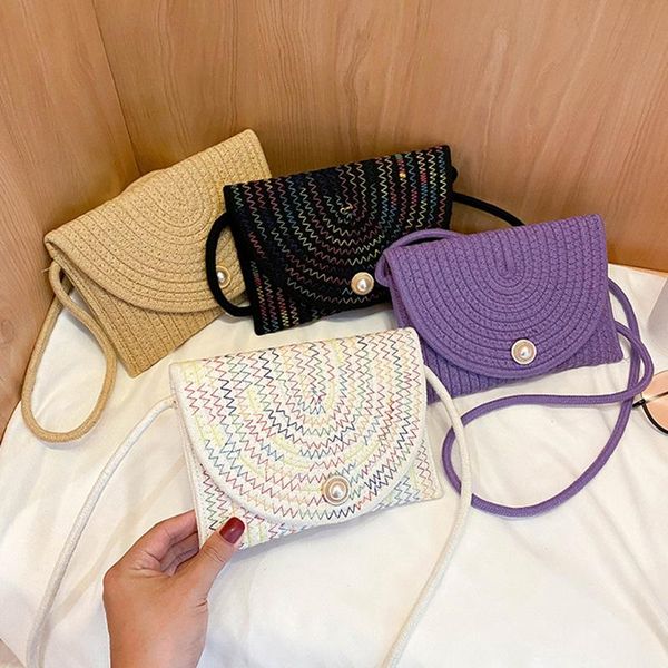 

shoulder bags 2021 fashion women bag purple pearl knitting shopping underarm crossbody straw lady female casual handbag