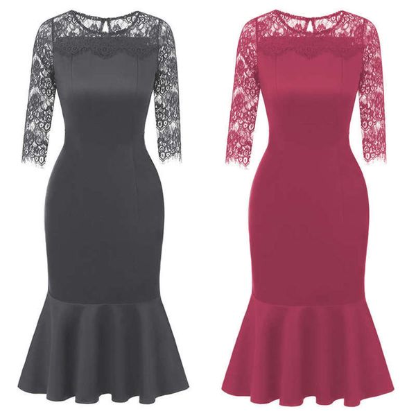 

new celebrity style slim fit 2020 bag hip 3 / 4 sleeve women's autumn lace fishtail dress, Black;gray