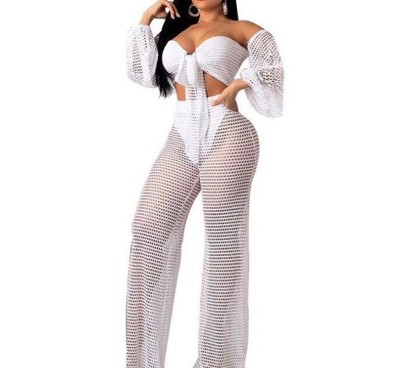 

2021 new neon fishnet malha sheer parts set women summer harvest without background and pants two peaks swim beach clothes eujy, Gray