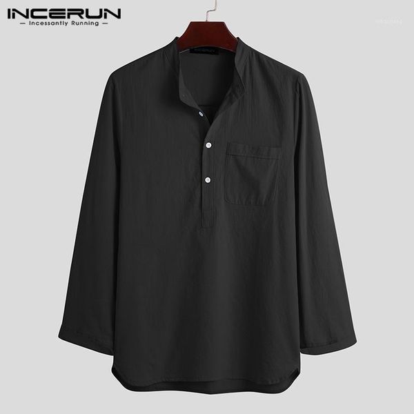 

incerun men cotton shirts autumn long sleeve stand collar blouse casual solid color blusas leisure pockets camisa hombre chemise1, White;black