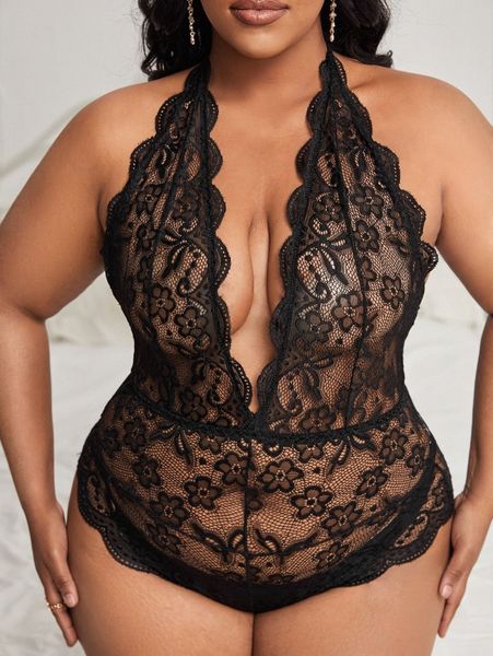 

plus floral lace scallop trim halter teddy bodysuit g3xt#, Black;white