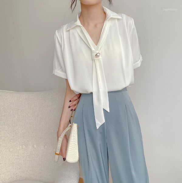 

women's blouses & shirts summer white blouse for women elegant office short sleeve chiffon shirt v-neck button tie blusas mujer vs2301