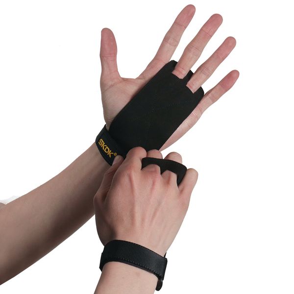

wrist support 1 pair hand grip synthetic leather crossfit gymnastics guard palm protectors glove pull up bar weight lifting gym gloves, Black;red